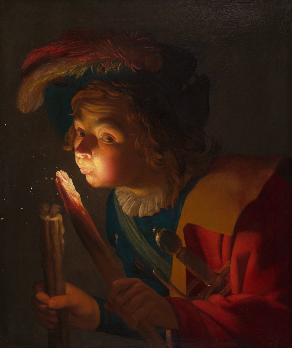 Un garçon soufflant sur un tison - Gerrit van Honthorst image 1 reproduction artisanale de tableau