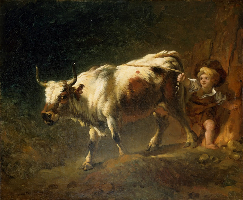En dreng forsøger at holde en ko med et reb - Jean-Honoré Fragonard