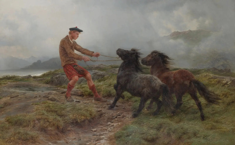 En ghillie og to Shetland-ponyer i et tåget landskab - Rosa Bonheur