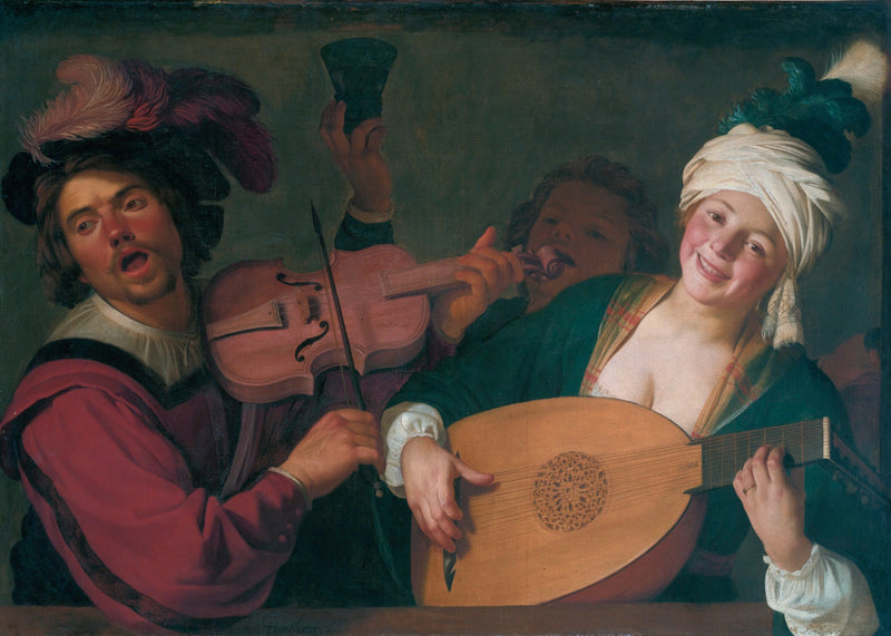 En glad gruppe bag en balustrade med en violin og en lutspiller - Gerrit van Honthorst