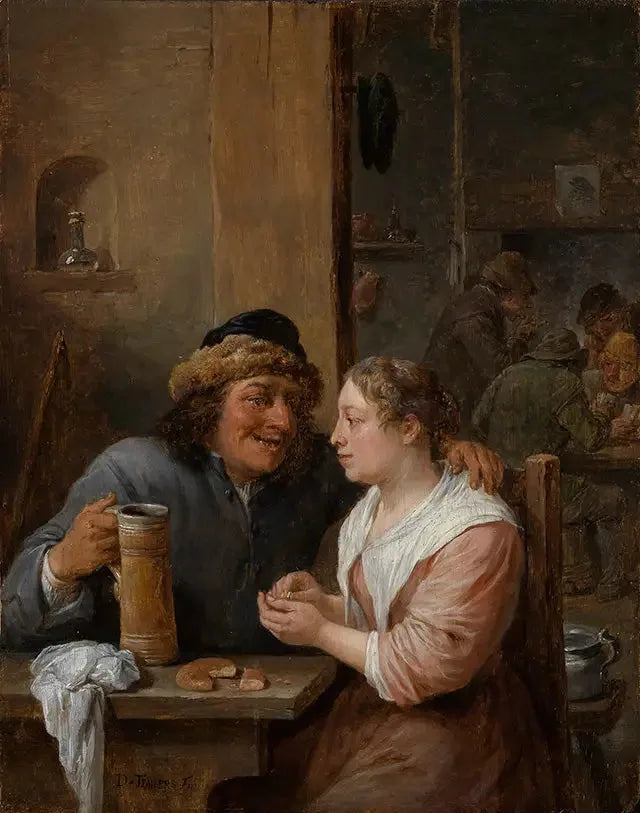 En mand med et ølkrus og en ung kvinde i en taverne - David Teniers den Yngre