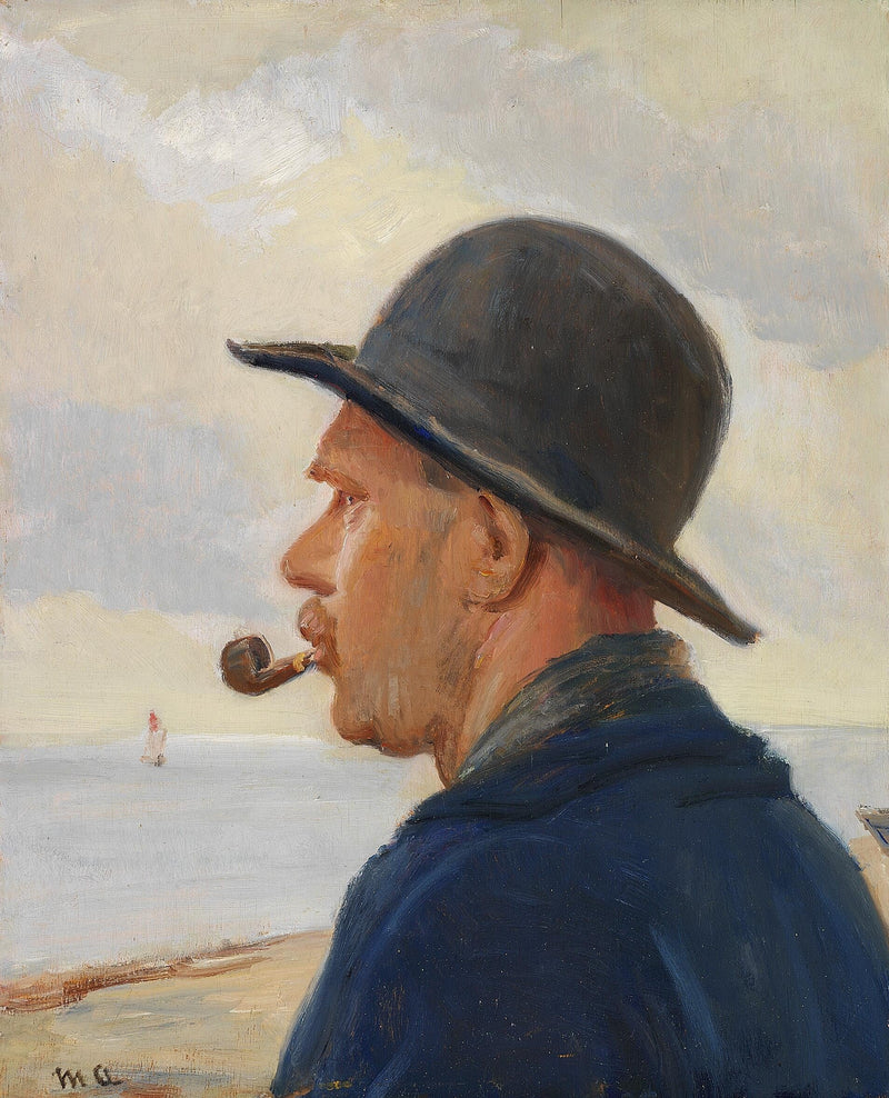 En mand med pibe og filthat på Skagen strand. - Michael Peter Ancher