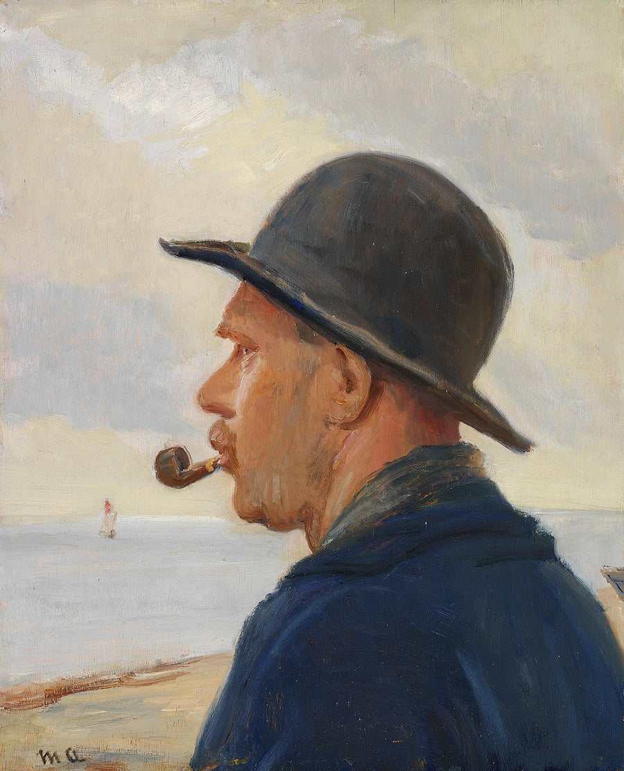 En mand med pibe og filthat på Skagen strand. - Michael Peter Ancher