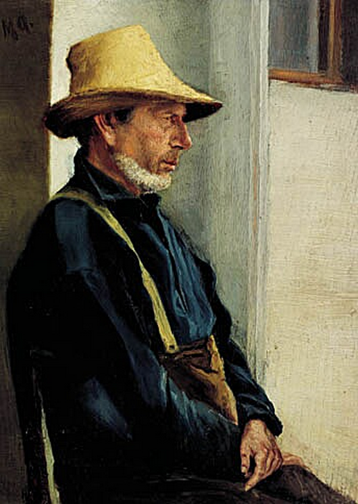 En mand fra Skagen, klædt i en blå skjorte og iført en gul hat. - Michael Peter Ancher