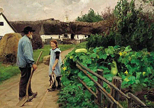 En mand og en pige taler på en vej. - H. A. Brendekilde