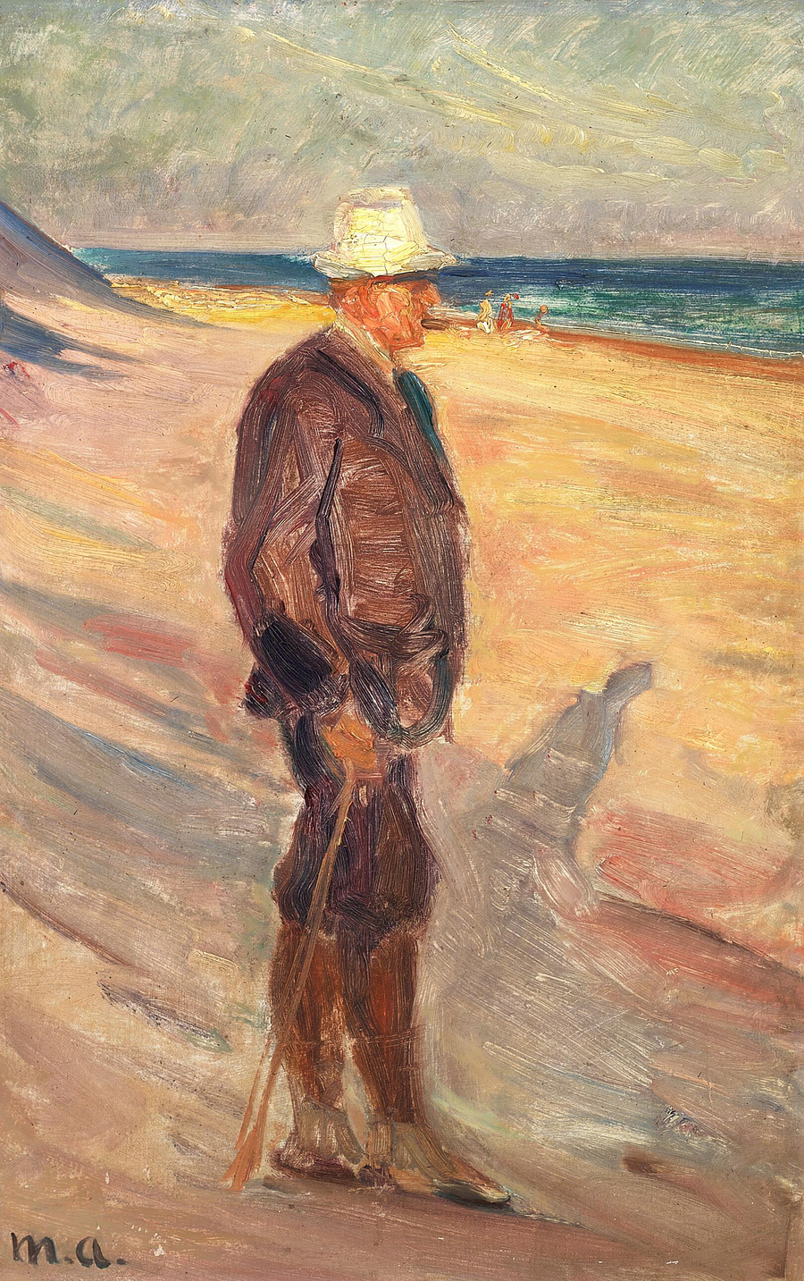 En mand iført en hvid hat og med en stok på Skagen strand. - Michael Peter Ancher