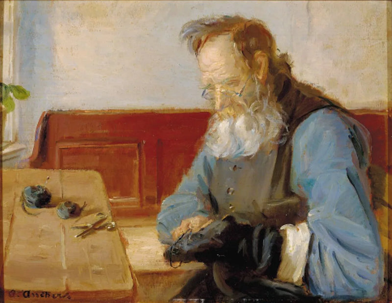 En mand reparerer sokker - Anna Ancher