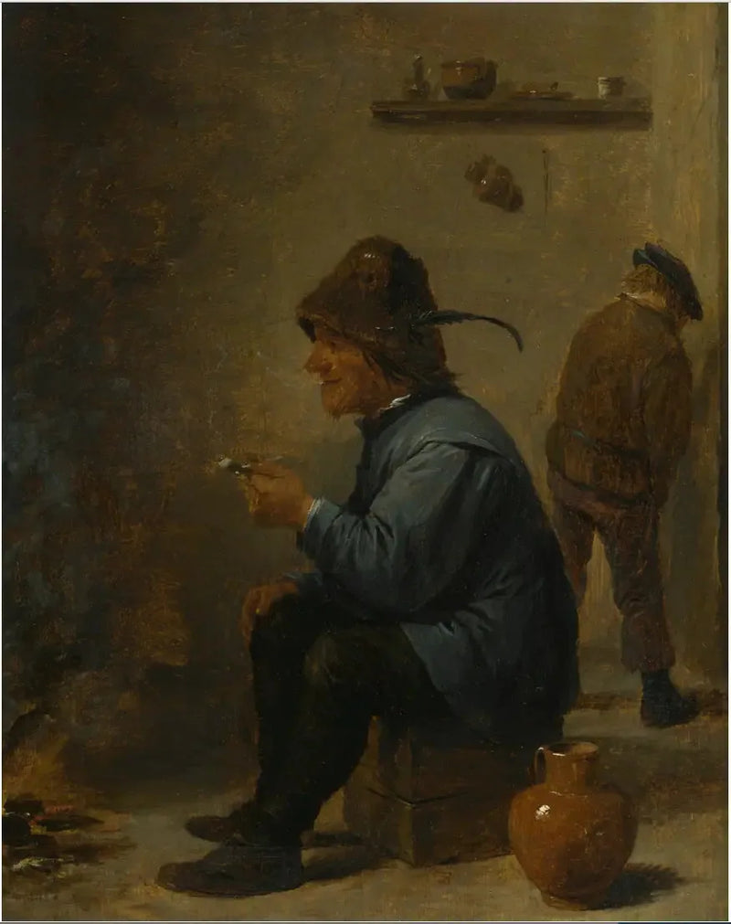 En mand, der holder en pibe, sidder foran en ild i en kro, en mand, der tisser i et hjørne - David Teniers den Yngre