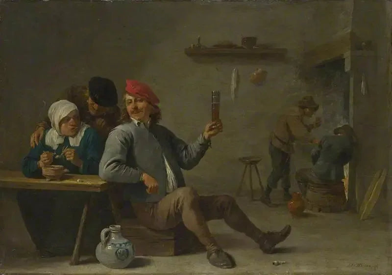 En mand, der holder et glas, og en gammel kvinde, der tænder en pibe - David Teniers den Yngre