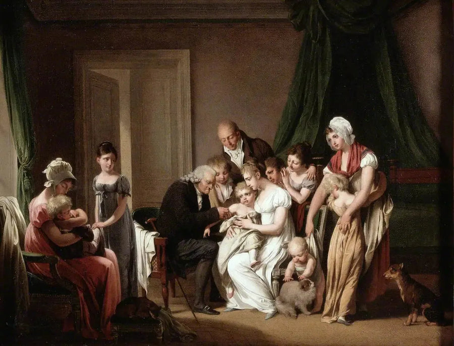 En mand vacciner en ung barn holdt af sin mor, under overvågning af andre familiemedlemmer - Louis-Léopold Boilly