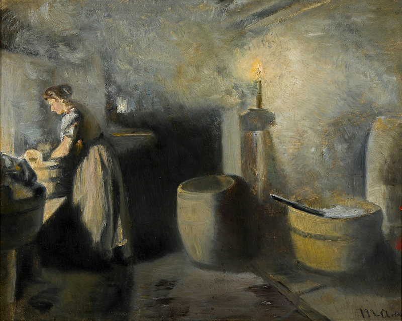 Et interiør med en kvinde, der vasker tøj i stearinlysets skær. - Michael Peter Ancher