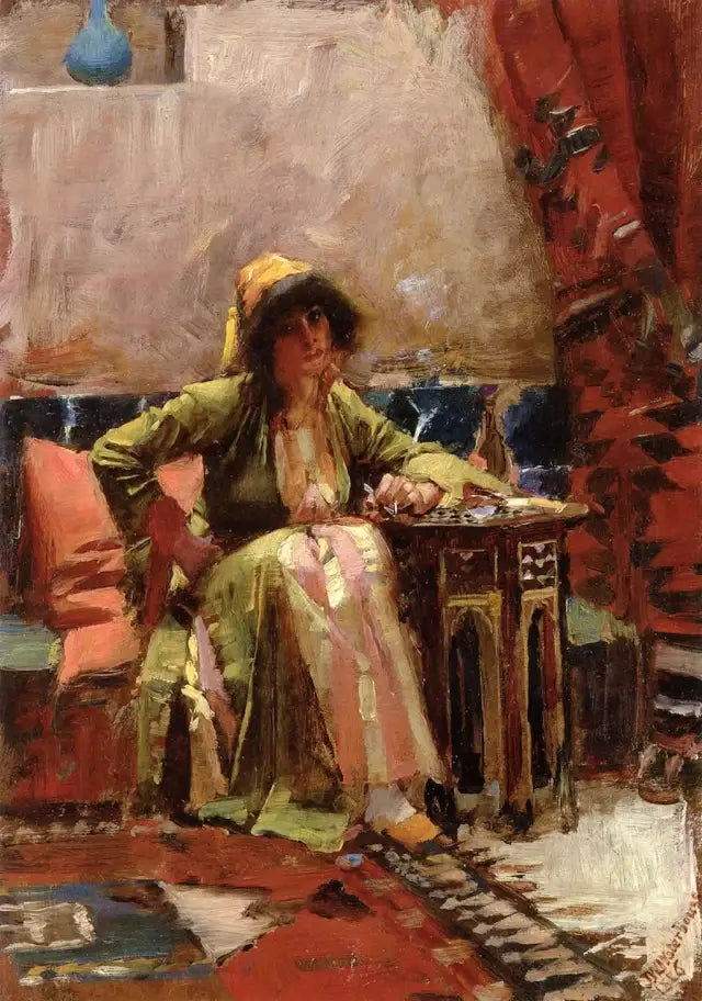 Et orientalsk interiør med en pige siddende - John William Waterhouse