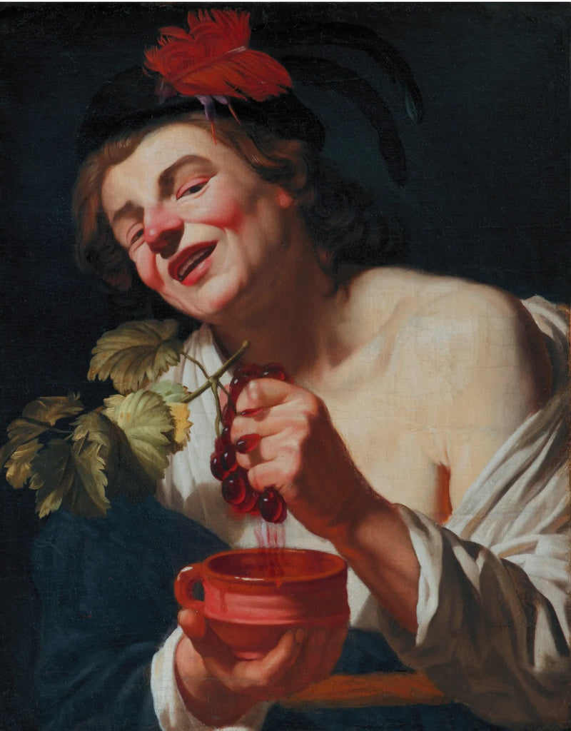 En ung mand vinpressende druer i en kop (en allegori om smag?) - Gerrit van Honthorst