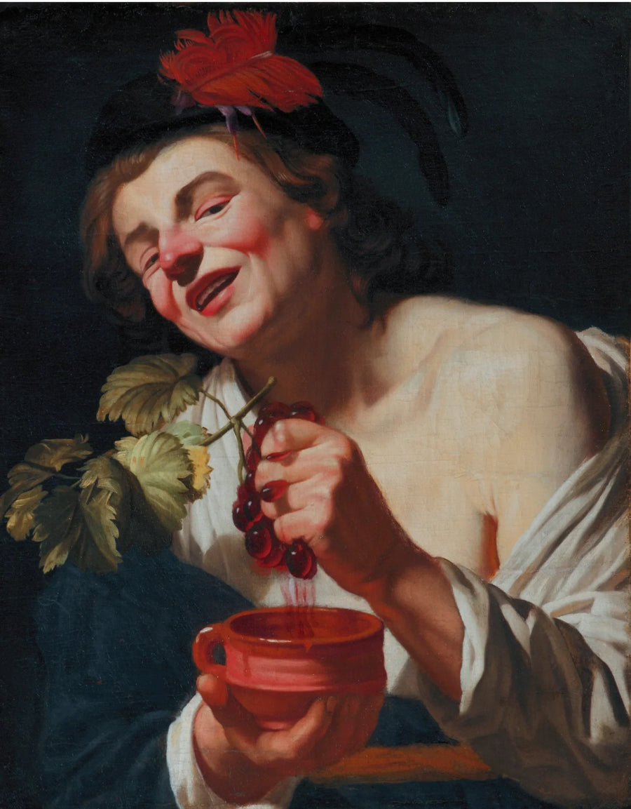 En ung mand vinpressende druer i en kop (en allegori om smag?) - Gerrit van Honthorst
