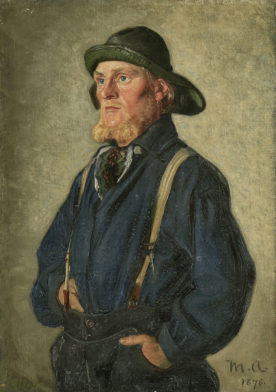 En ung fisker står iført en grøn regnfrakke. - Michael Peter Ancher