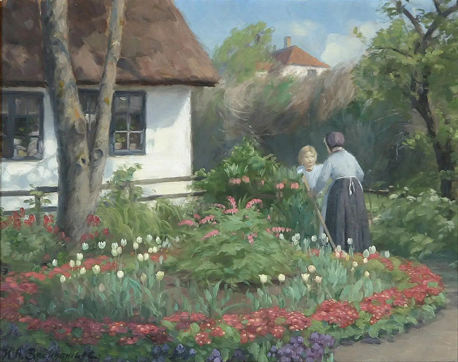 En sommerdag i haven. To kvinder taler foran porten. - H. A. Brendekilde