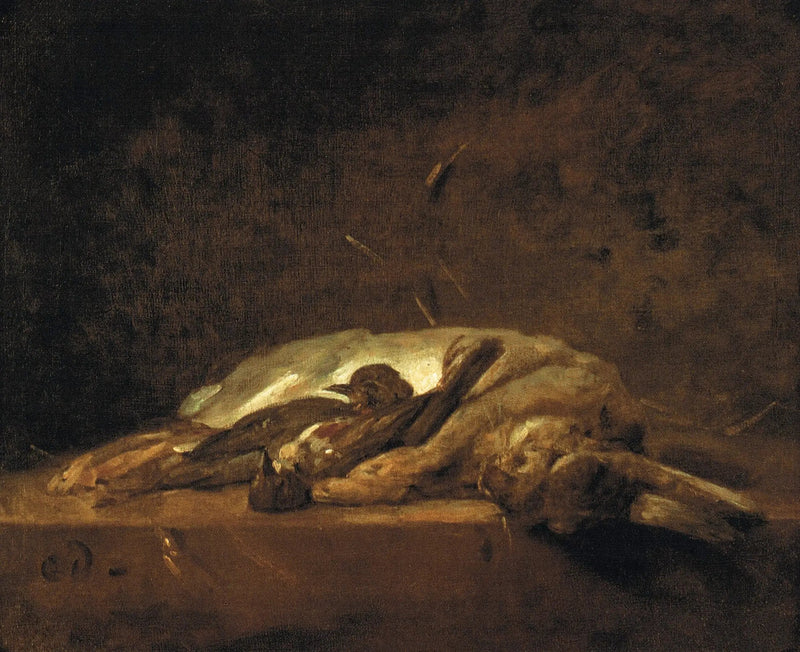 En kanin, to døde trost og nogle strå af halm på et stenbord - Jean Siméon Chardin