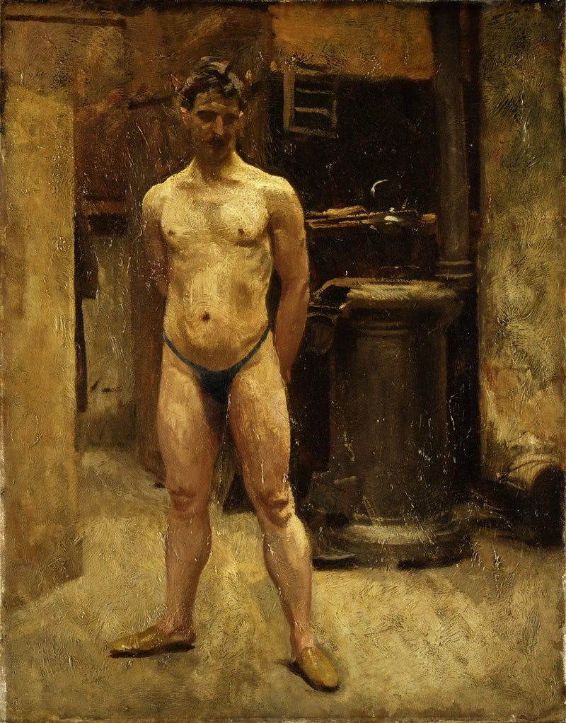 En mandlig mannequin står foran en komfur - John Singer Sargent