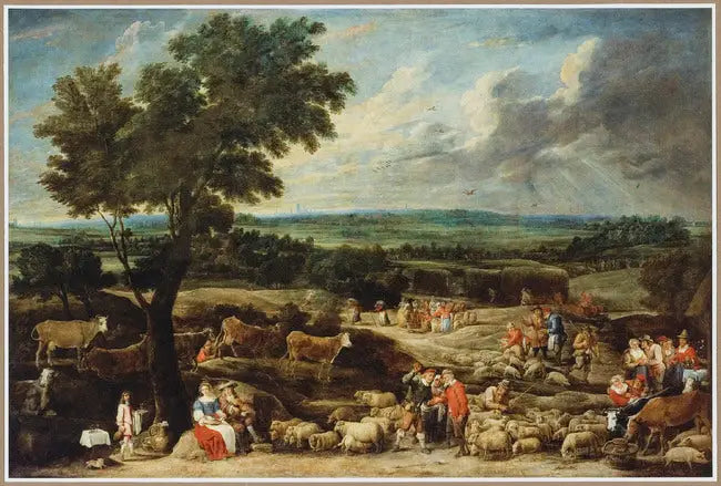 En markedsplads for kvæg i et stort landskab med Antwerpen i det fjerne - David Teniers den Yngre