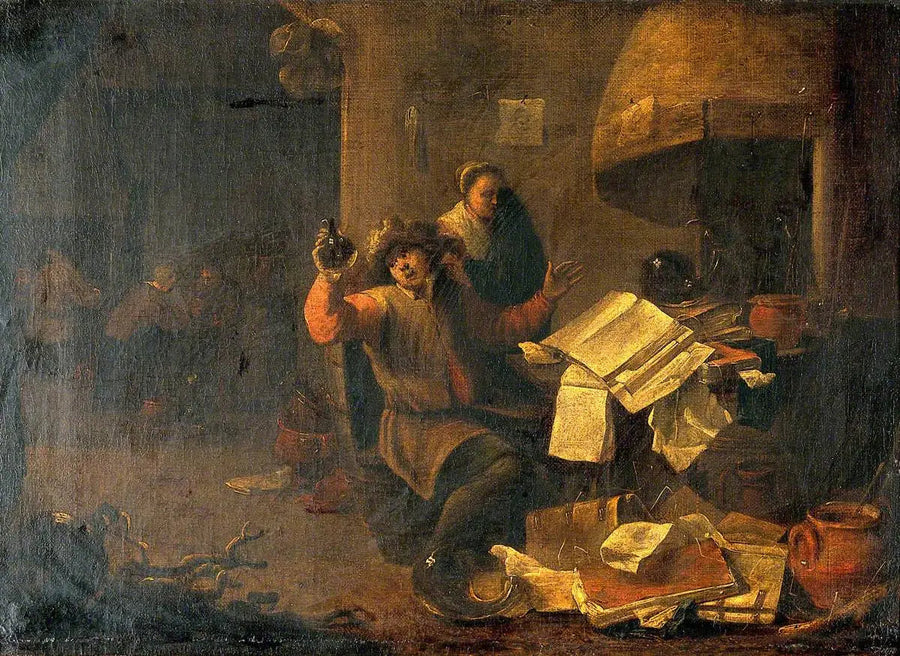 En medicin-alkymist, der undersøger en urinflaske - David Teniers den Yngre