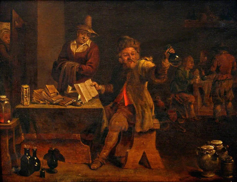 En læge undersøger den urin, en patientinde har medbragt - David Teniers den Yngre