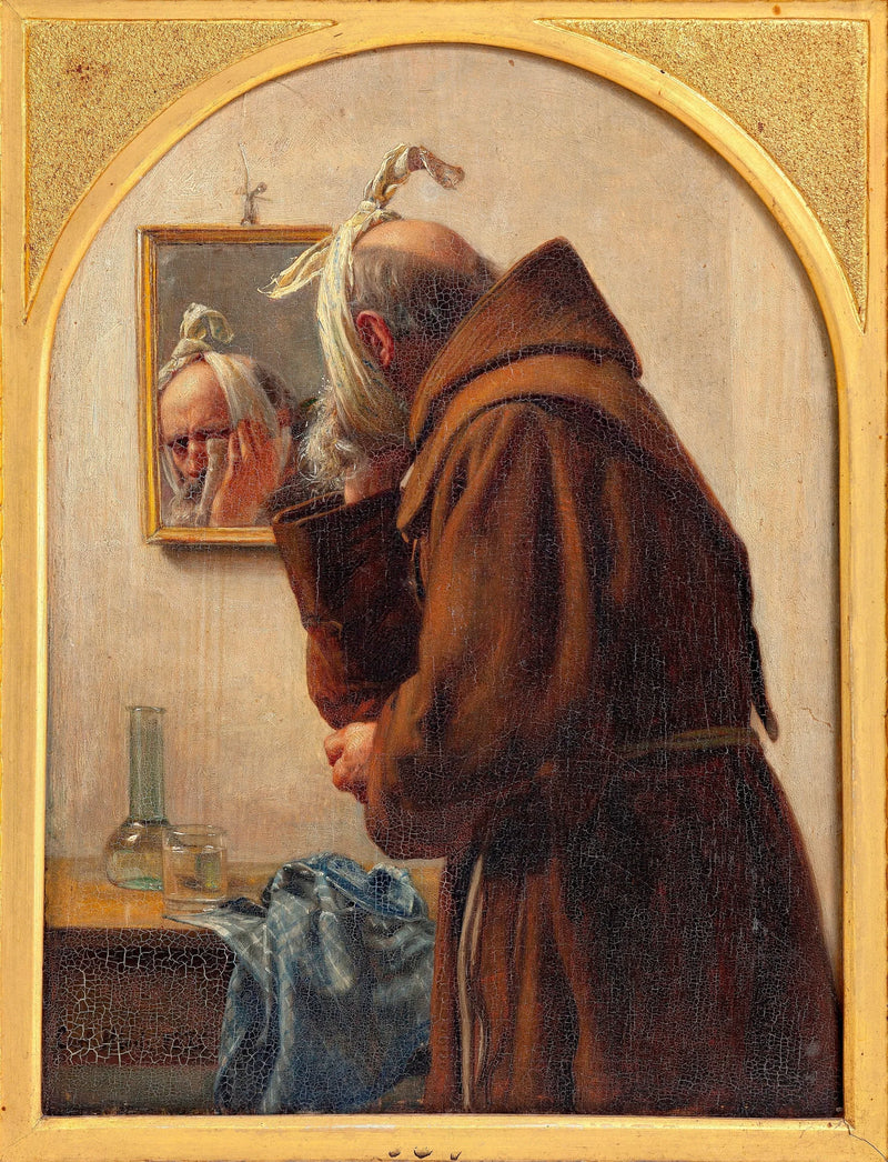 En munk undersøger sig selv i et spejl - Carl Heinrich Bloch