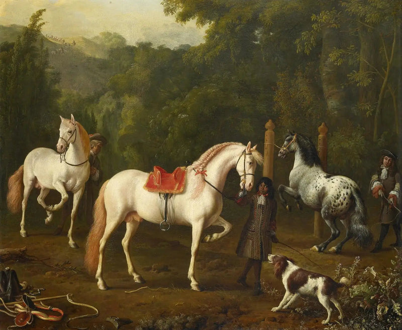 En hestepasser assisterer en ridelærer i ridehallen - Melchior de Hondecoeter