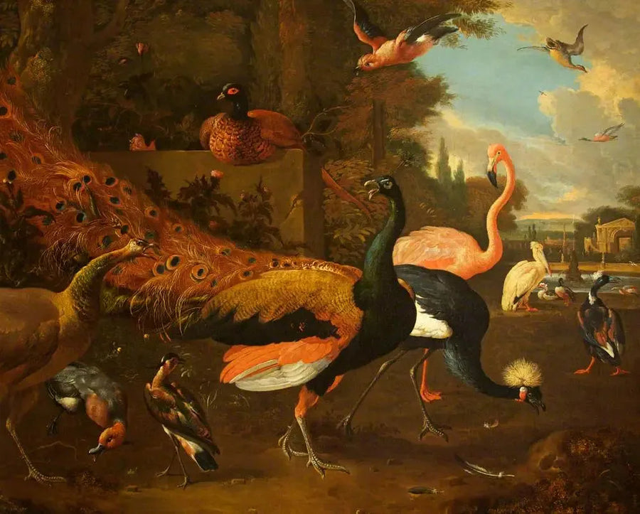 En påfugl og en hunpåfugl med en stork, en flamingo, en pelikan og andre fugle, i en park - Melchior de Hondecoeter