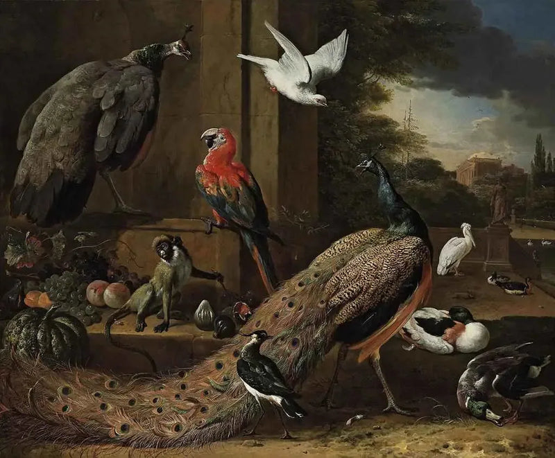 En påfugl, en hunfugl, en abe og andre fugle på en terrasse - Melchior de Hondecoeter