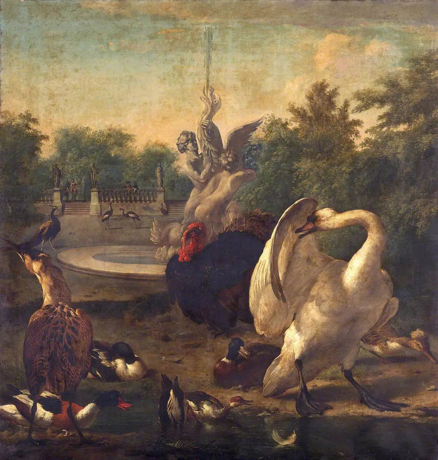 En park med en svane og andre fugle - Melchior de Hondecoeter