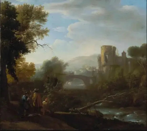 Et landskab med Tivoli og Vesta-templet, jægere og en kunstner, der tegner i forgrunden - Claude Lorrain