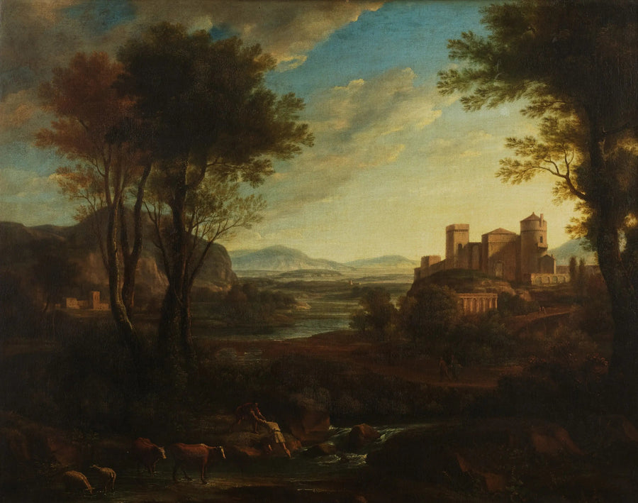 En klassisk landskab med personer, der krydser en bæk - Claude Lorrain