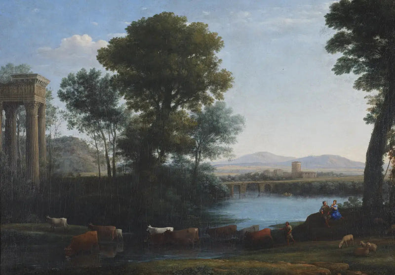 En klassisk landskab med kvæg, der krydser en bæk - Claude Lorrain