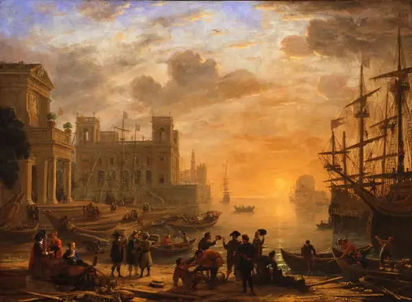 En havneudsigt ved solnedgang - Claude Lorrain