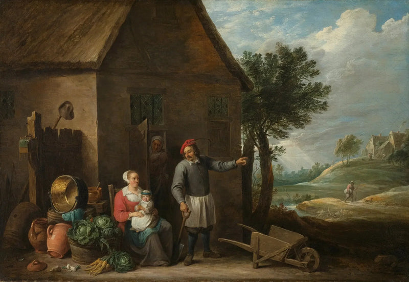 En bonde med sin kone og sit barn foran gården - David Teniers den Yngre