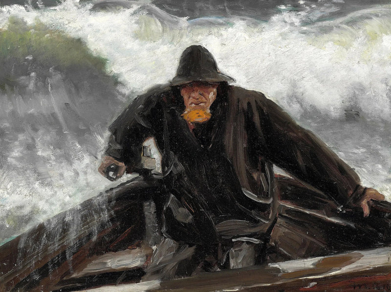 En fisker ved roret på en båd midt i et oprørt hav. - Michael Peter Ancher