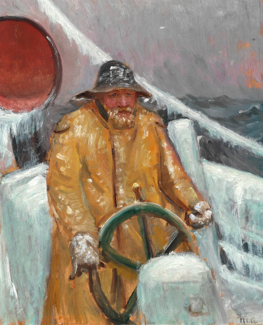 En fisker ved roret på et isdækket skib. - Michael Peter Ancher