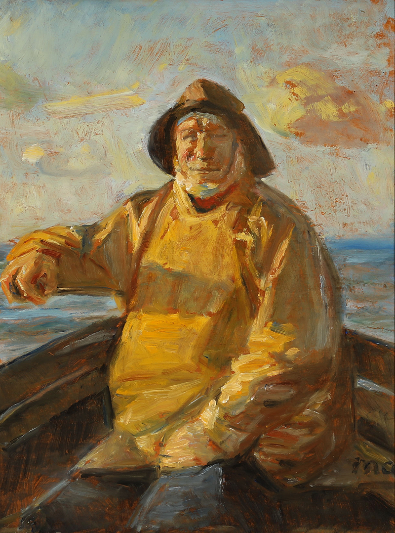 En fisker ved roret på sin båd. - Michael Peter Ancher
