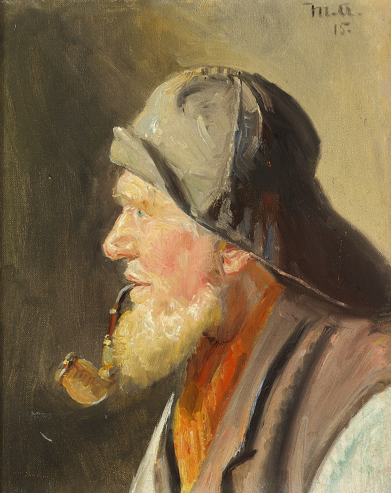 En fisker med pibe og regnfrakke. - Michael Peter Ancher