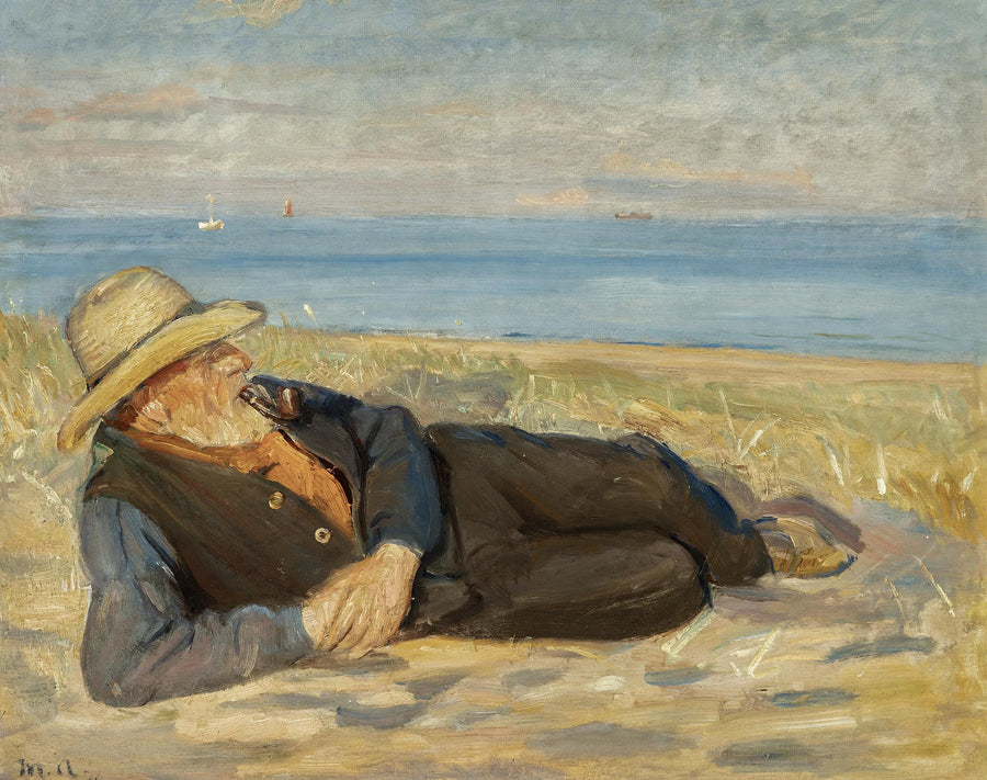 En fisker fra Skagen ligger på stranden ved solnedgang. - Michael Peter Ancher