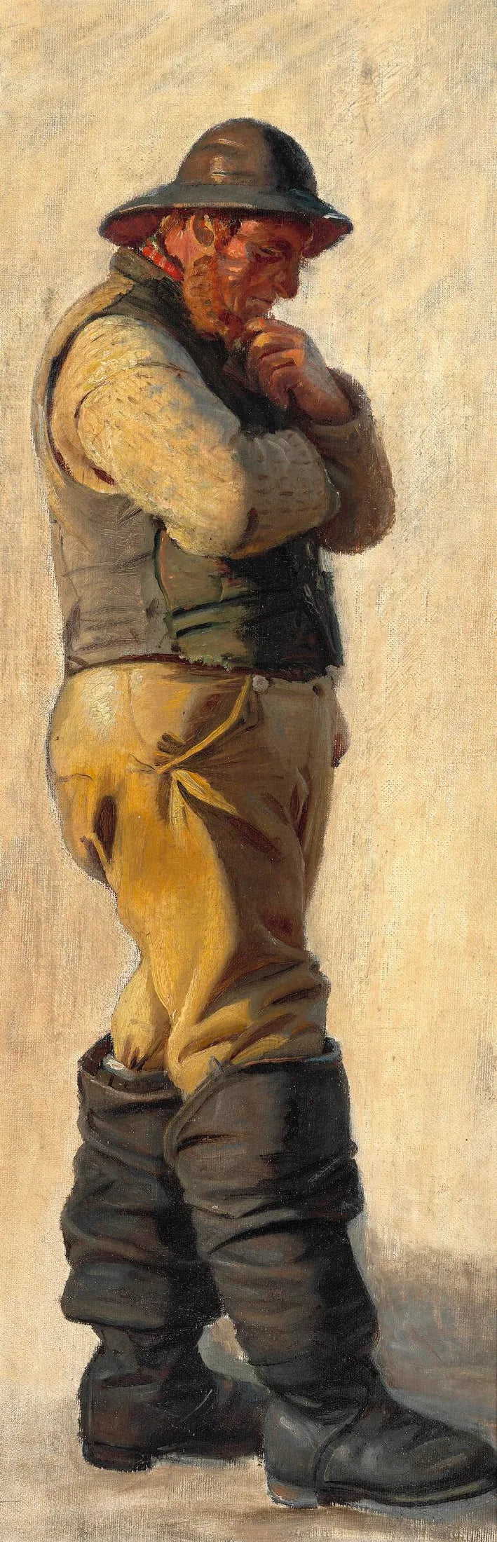 En fisker fra Skagen, iført olieskind og høje støvler, stryger sig over skægget. - Michael Peter Ancher