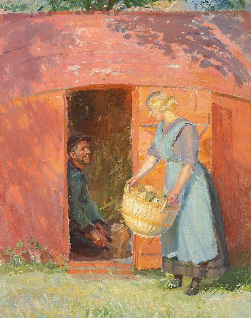 En fisker fra Skagen, i en hytte bygget af en gammel båd, bejler til en ung kvinde. - Anna Ancher