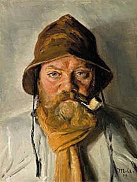 En fisker fra Skagen, der ryger pibe og bærer en olieskind. - Michael Peter Ancher