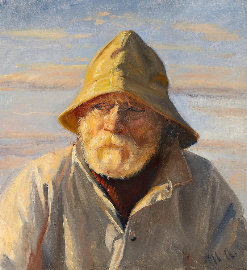 En fisker fra Skagen iført en gul regnfrakke. - Michael Peter Ancher