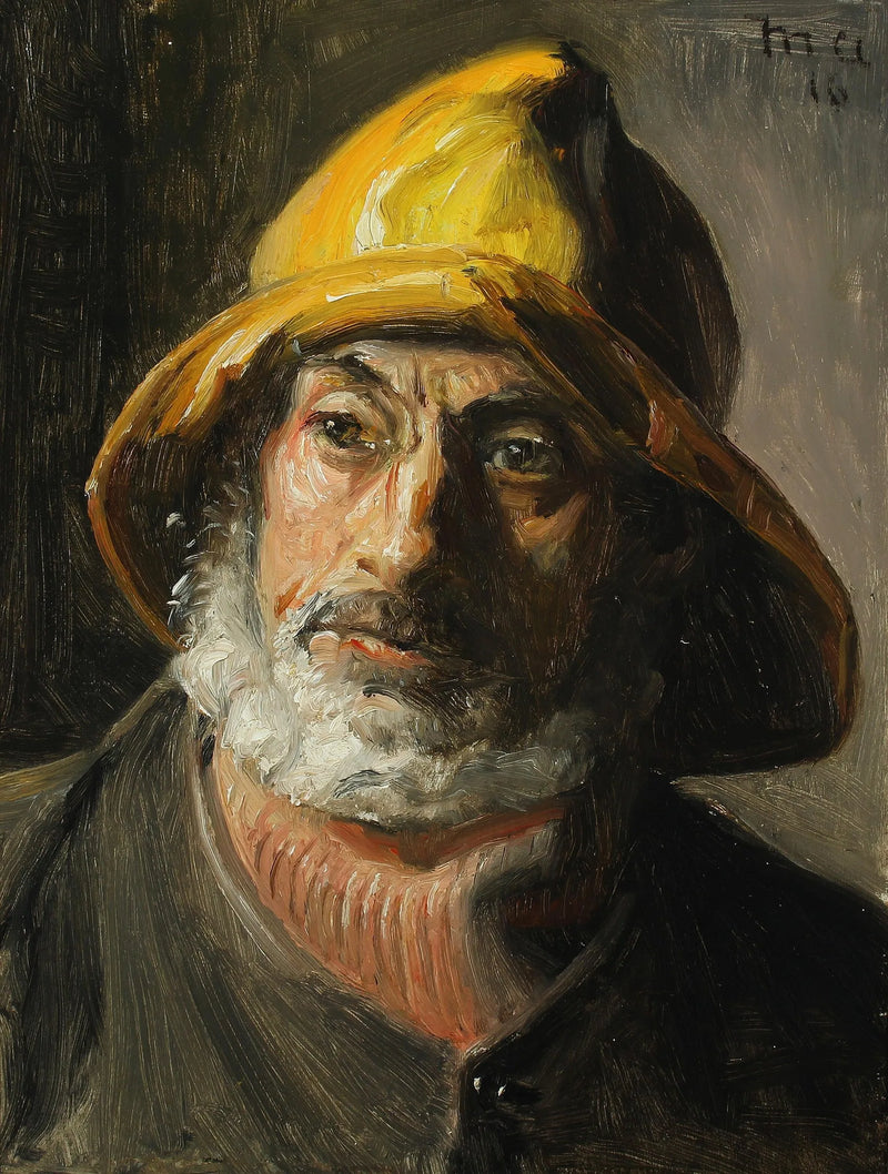 En fisker fra Skagen iført en gul regnfrakke. - Michael Peter Ancher