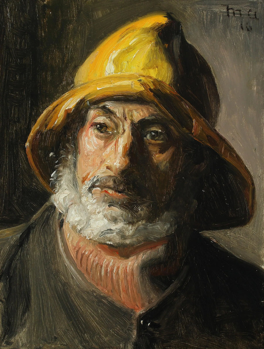 En fisker fra Skagen iført en gul regnfrakke. - Michael Peter Ancher