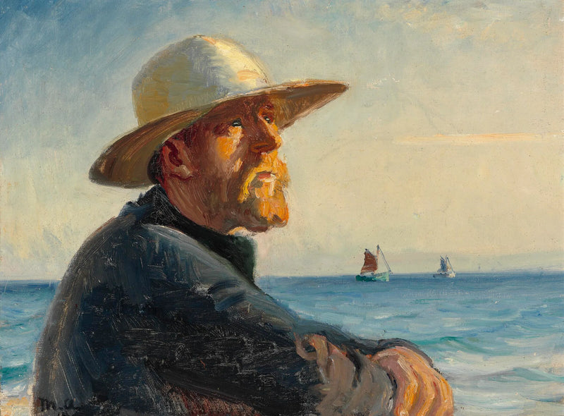 En fisker fra Skagen står i solen på stranden. -Michael Peter Ancher