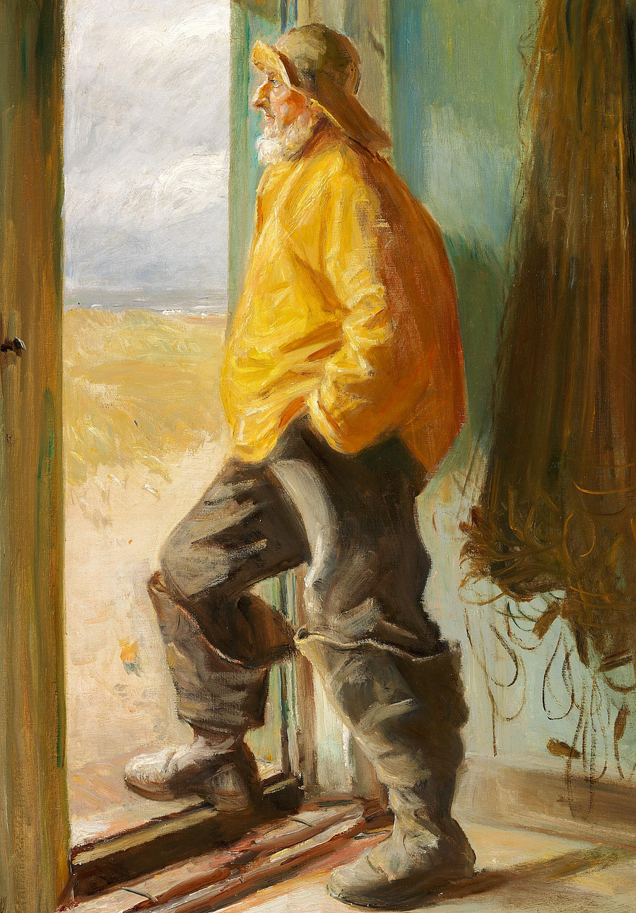 En skagensfisker står foran en dør. - Michael Peter Ancher