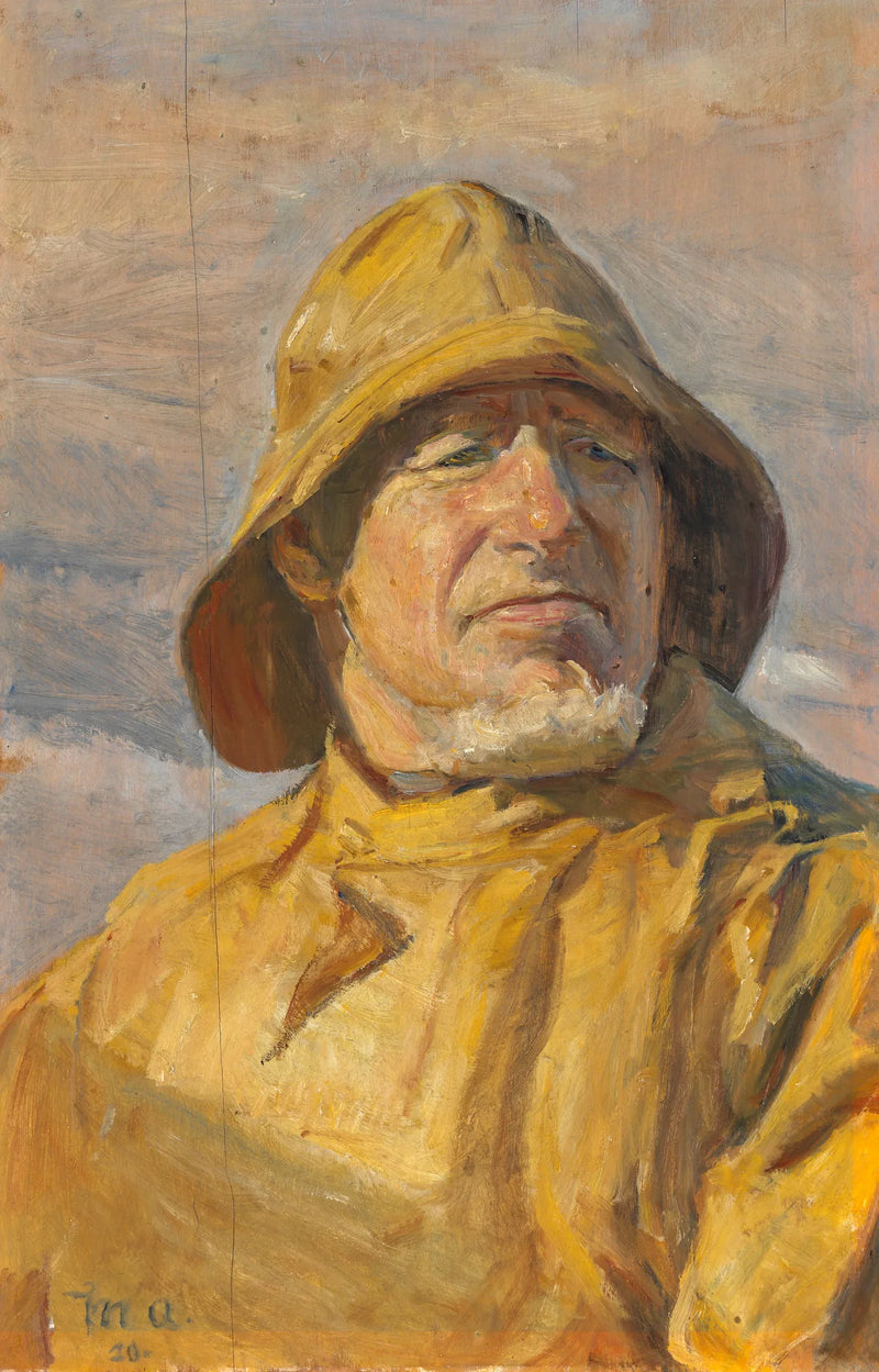 En fisker fra Skagen, klædt i en gul olieskind og frakke, kniber øjnene sammen i det klare sollys. - Michael Peter Ancher