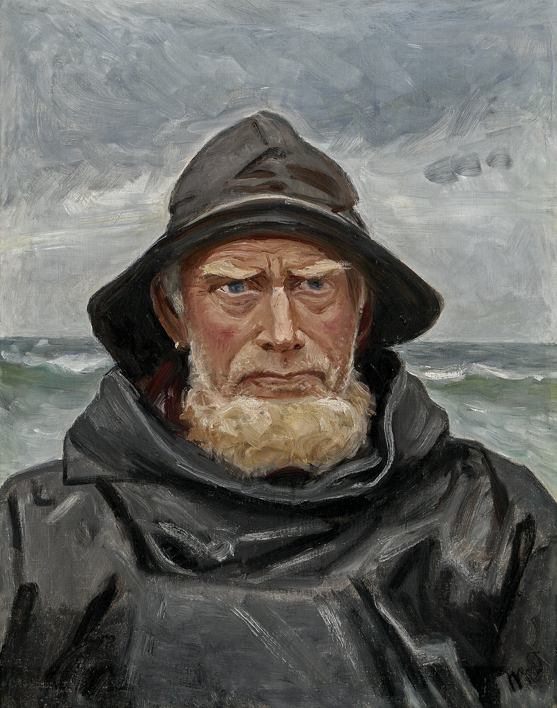 En fisker fra Skagen, klædt i en olieskind, står ved havet på en overskyet dag. -Michael Peter Ancher